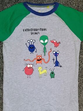 Mini Boden Sz 7/8 Grey & Green 'Extraterrestrial Beings' Long Sleeved Shirt Vguc